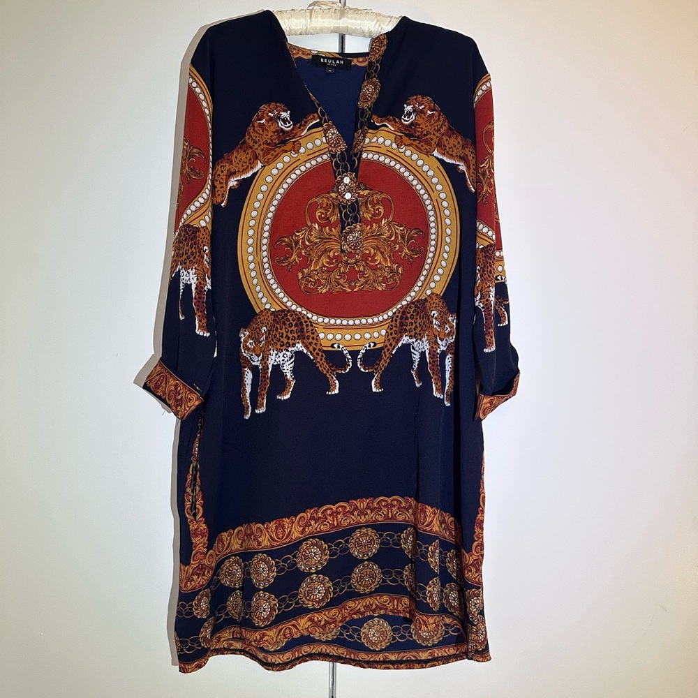 Beulah Navy and Orange Leopard Tunic Dress
